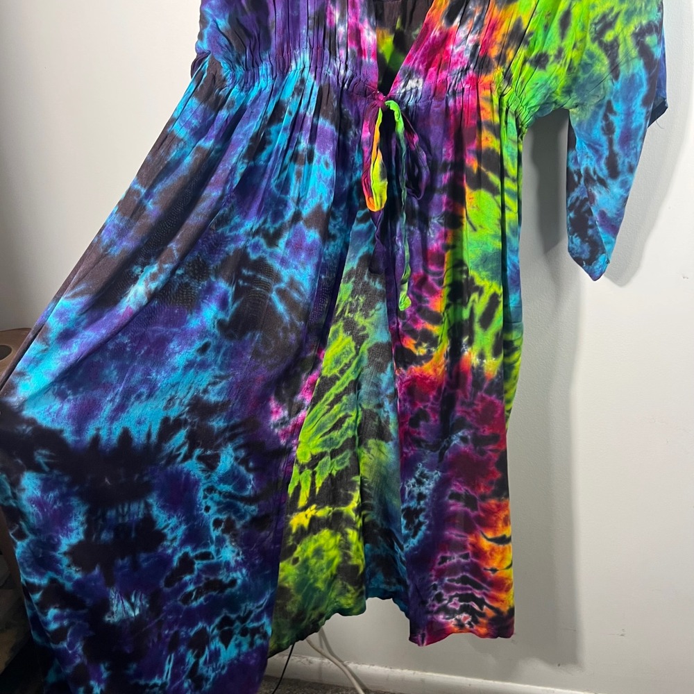 Dharma Trading Co Tie Dye Maxi Dress Kaftan 2XL Rayon Boho Festival Multicolor - Picture 4 of 9